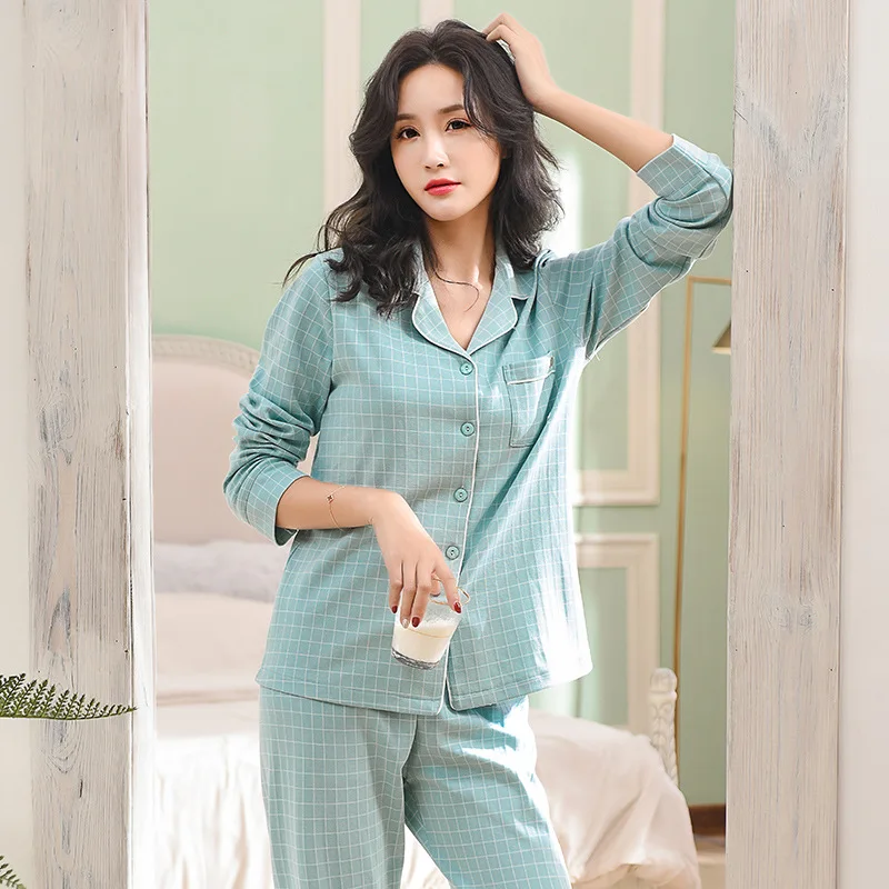 

Pajamas Women's Spring And Autumn Pure Cotton Long Sleeve Korean-style Plus-sized Plaid Tracksuit Cotton Fresh Autumn And Winter