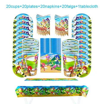 

81Pcs Sonic Theme Cartoon Disposable Tableware Design Kids Birthday Party Paper Plate+Cup+Napkin+ Flag+Tablecloth Party Supplies