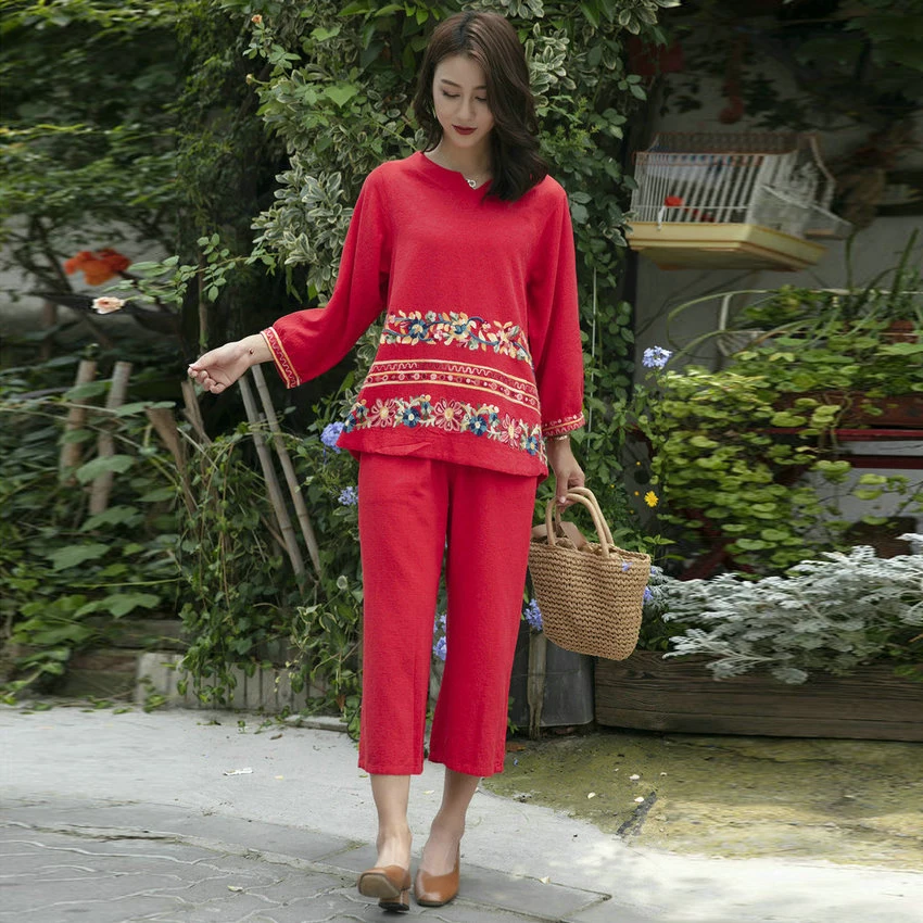 Женский хлопковый костюм с вышивкой в китайском стиле комплект из 2 предметов: