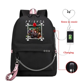 

Customize Backpack School Bags Girls Teenager Bookbag Friends Halloween Horror Scary Movies Character Print Usb Charging Backbag
