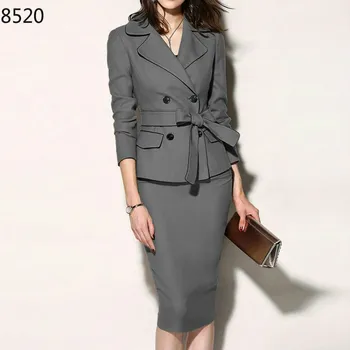 

Autumn Business Suit Elegant Office Work Dress Stretch Slim Sexy Wiggle Pencil Dress Suit 2 Pieces Set Solid Color Formal Suits