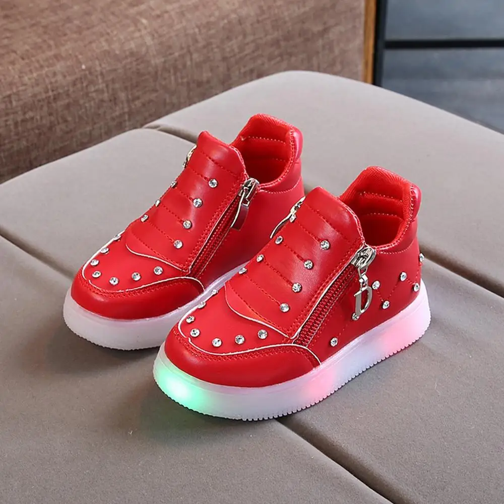 Детская обувь для маленьких девочек со стразами на молнии; Светодиодный светильник; Светящиеся короткие ботинки; обувь для яркой ночи с подсветкой - Цвет: Красный