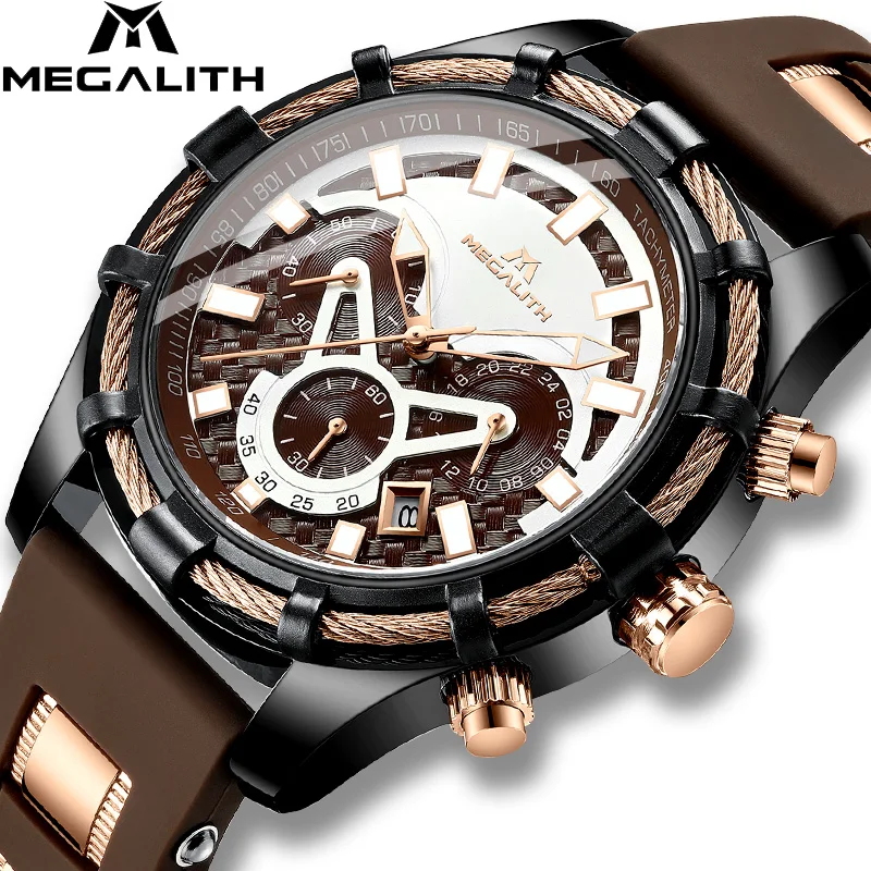 

MEGALITH Men Watches Top Brand New Sport Quartz Watch Wristwatch Brown Silicone Rubber Strap Chronograph Date Clock 8042