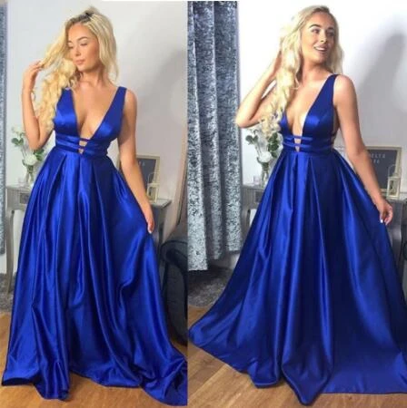 

Sparkle Blue A-line Prom Dresses With Deep V-Neck Cheap Evening Gowns Custom Made Stain vestidos de fiesta de noche