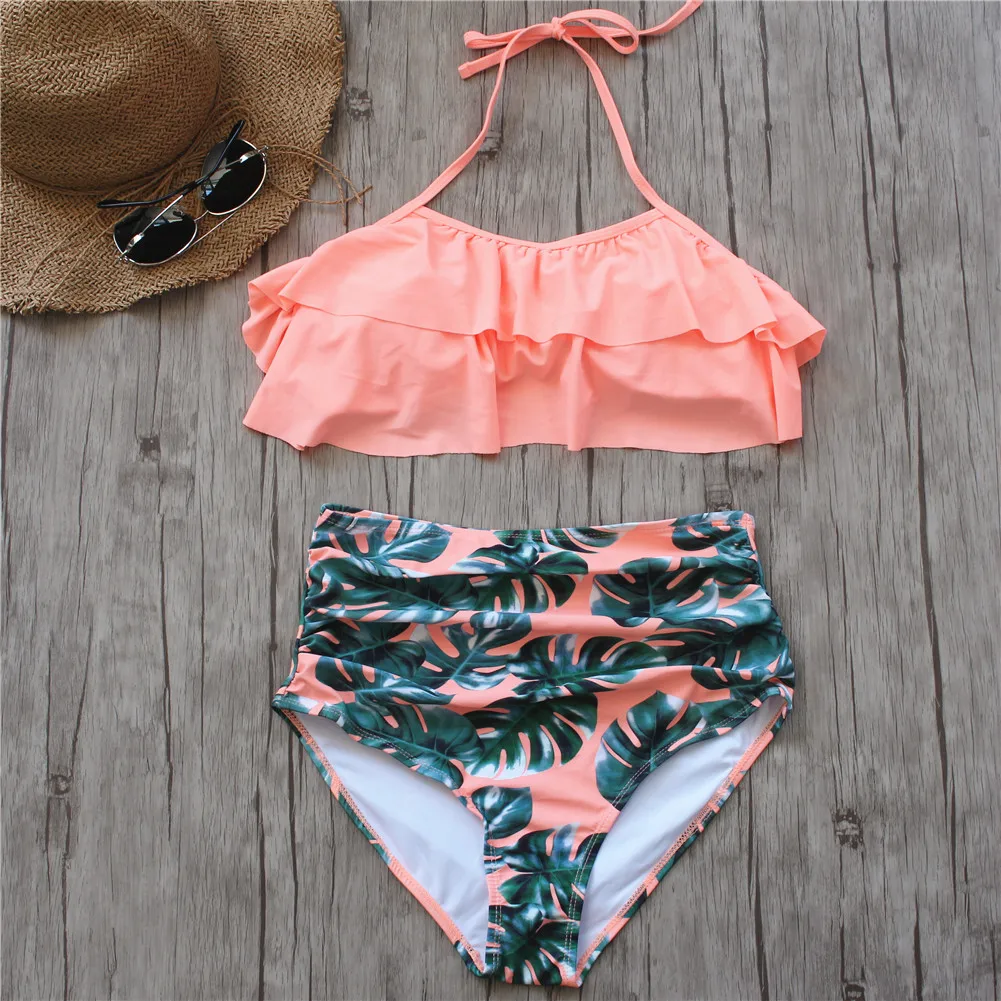 

2020 Bikini Set Double Ruffle Swimwear Women Sexy Swimsuit Off Shoulder High Waist Swim Wear Beach Bathing Suits Plus Size 3XL