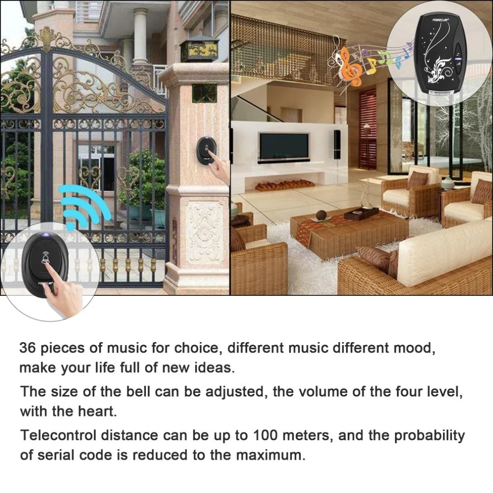 Door Bell with 36Chimes Single Receiver Waterproof smarthome wrislessdoorbell Plug-in Type Smart Home Door Bells for back yard