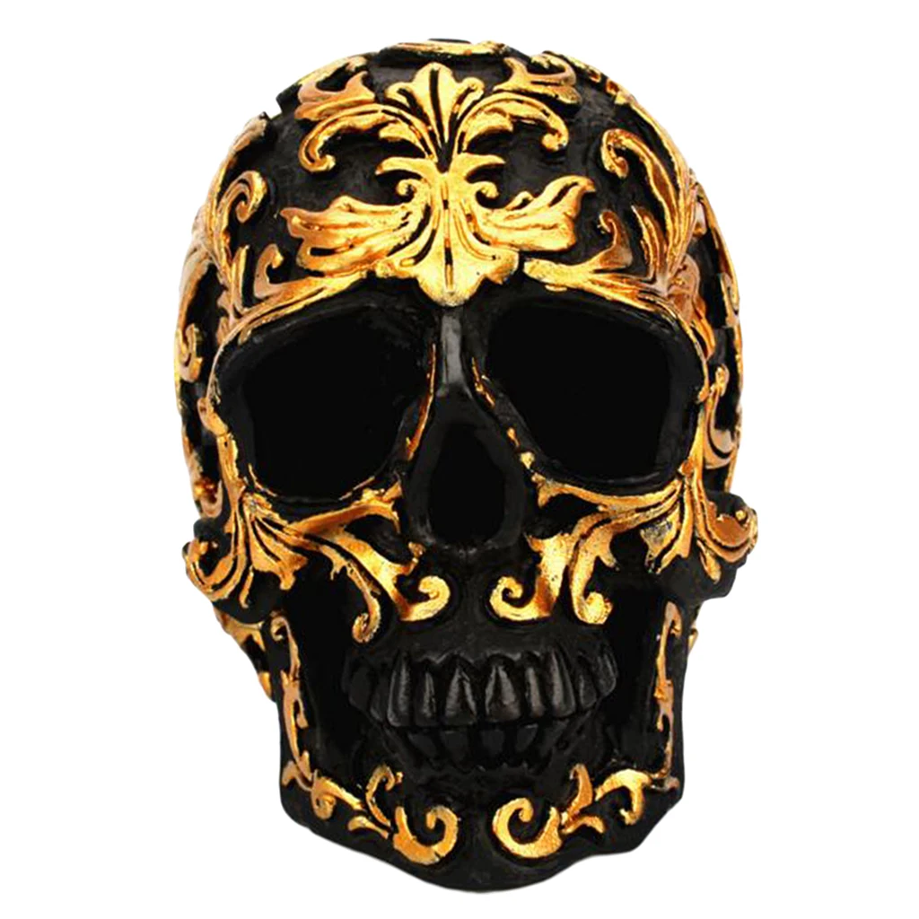 Resin Halloween Resin Skull Statue Skull Head Sculpture with Golden Flower Sign, Suitable for Home Office Table Decoration