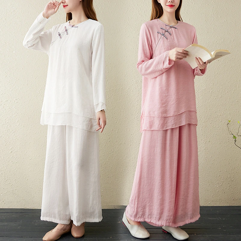 Ropa otoño Zen mujer, traje de dos piezas de algodón y lino de estilo chino tradicional Retro, de té de meditación budista Zen|Conjuntos| - AliExpress