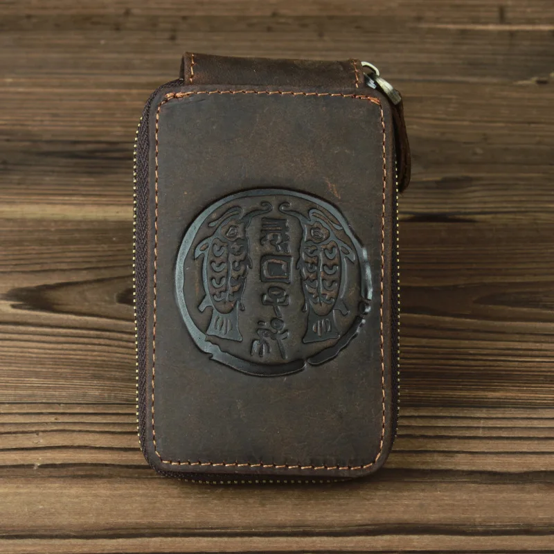 

Man Male Genuine Real Leather Animals Totems Car Key Holder Pouch Chain Crazy Horse Vintage Plastic Credit Card Case Holder