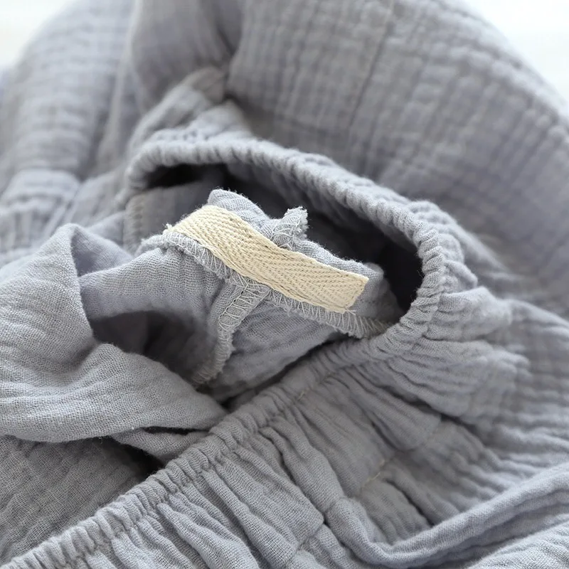Autumn And Winter Men's Soft Solid Color Pajamas Set 100% Gauze Cotton Top+Pants 2PCS Sleepwear Loose Full Sleeve+Pants Homewear mens pj short set