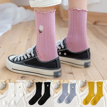 

Lace Cotton Standard Women's Socks Spring Summer Harajuku Sweat Socks Embroidery Tube Socks Thin Leisure Breathable Chaussette