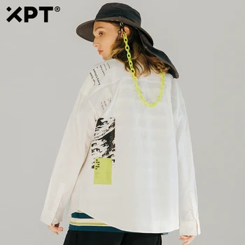 

XPT national tide 2020 spring tide brand printed long-sleeved shirt Korean version of the trend loose casual couple white shirt