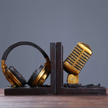 

Vintage Microphone Model Bookends Ornamental Resin Headset Book Stands Handicraft Accessories for Cafe and Study Room Decoration
