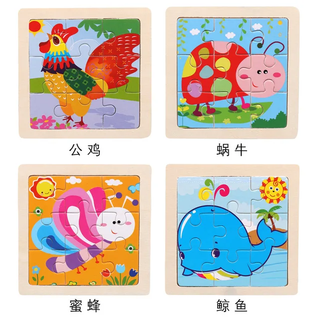 Vokmascot 9pcs Mini Size Kids Toys Wooden 3D Jigsaw Puzzle for Children Baby Cartoon Animal Traffic Tangram Puzzles Educational 6
