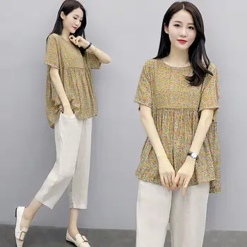 

2020 Summer new fashion Women two piece set Fresh Chiffon blosue top + elastic waist Loose shorts Pant 2 Piece suit Z05
