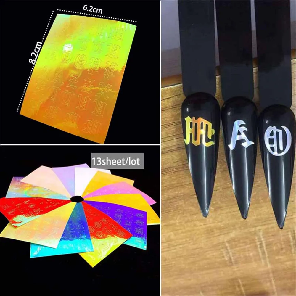 

13sheets/Lot Letters Pattern Holo Nail Sticker Self Adhesive Flame Nail Decals Manicure 3d Nail stickers Holographic Nail Wraps