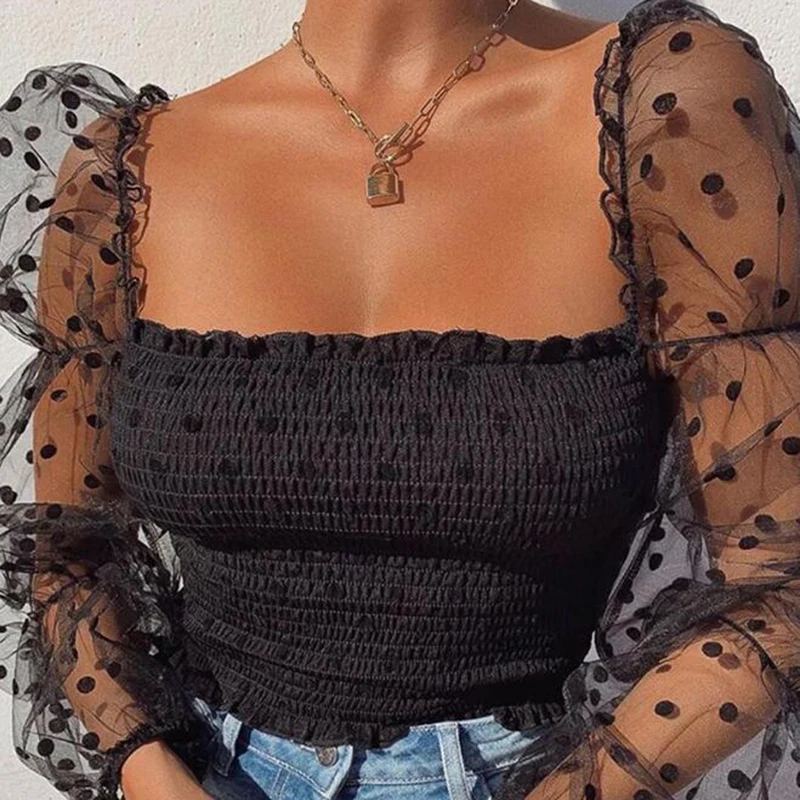 

Modern Lady Mesh Sleeve Round Neck Plain Top Women Streetwear summer Minimalist Elegant Blouse Short sexy nightclub Large size