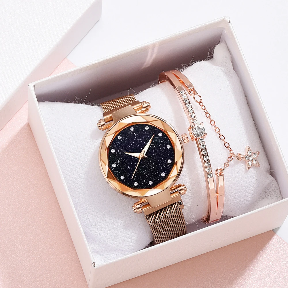 

Top Brand Star Watch For Women Rose Gold Mesh Magnet Starry Sky Quartz Wristwatch Gradient Ladies Wrist Watches relogio feminino