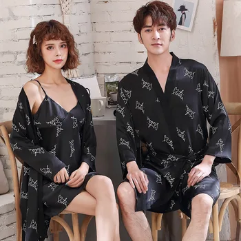 

Black Satin Lovers Nightwear Women Kimono Robe Gown Intimate Lingerie Casual Sleepwear NightdressHome Clothes Nightgown