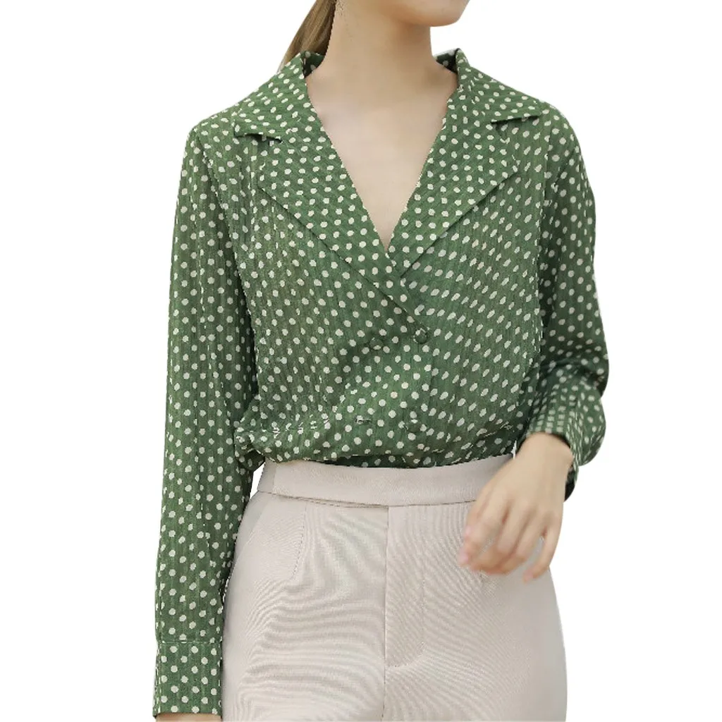 

Korean Fashion Polka Dot Print Spandex blouses Women Turn Down Neck Long Sleeve Buttons Office women tops blusa feminina Green