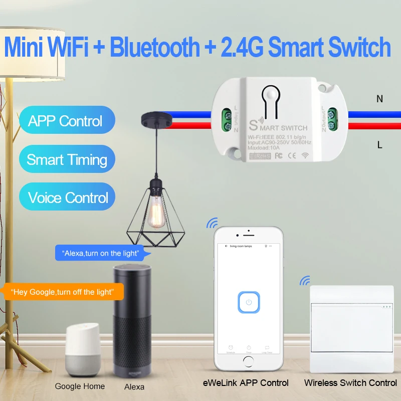 Ewelink Mini Wifi+Bluetooth-Kompatibilis+2,4G Távirányító Intelligens Kapcsoló Modul Támogatás Alexa Google Home Voice Contring
