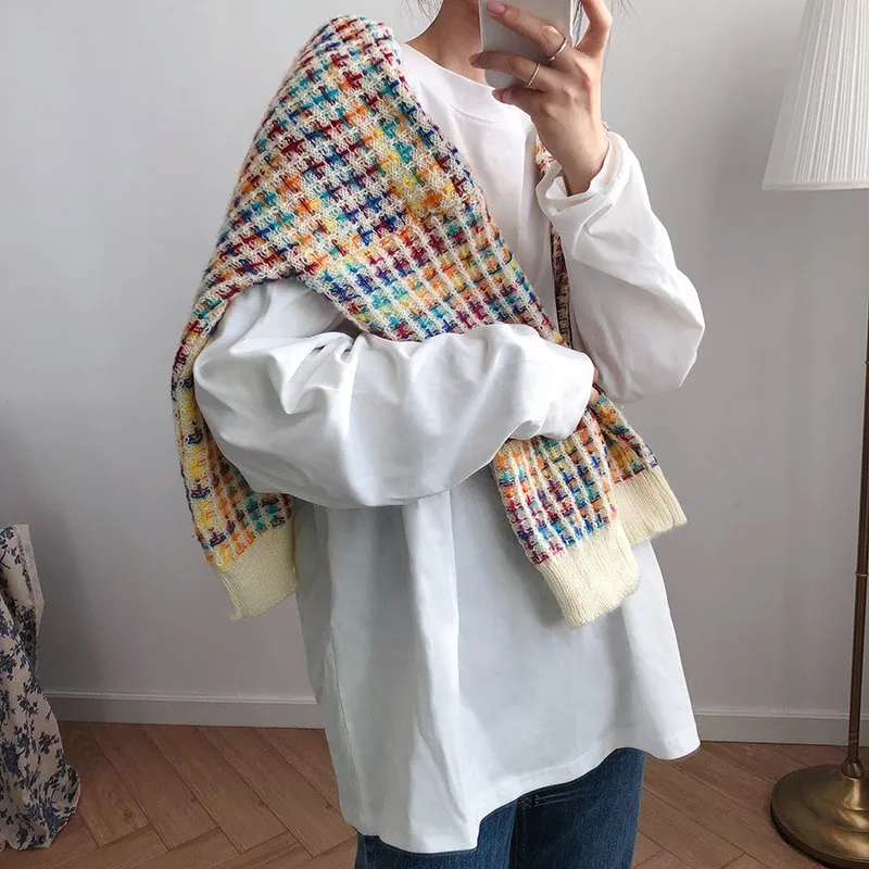 Nice Women Autumn Loose Long Sleeve Sweater Plaid Korean Knitted Pullovers Casual O-Neck Sweater Pu