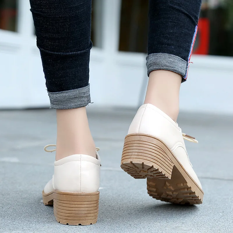

2018 Spring And Autumn New Style College Style Small Leather Shoes Women's Lace-up Chunky-Heel round-Toe Casual Versatile Flat K