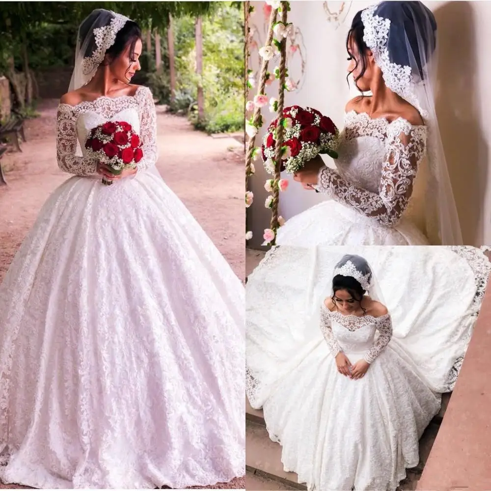 Saudi Arabic Vintage Ball Gown Lace Wedding Dresses 2020 Luxury Off Shoulder chapel Train Bridal Gowns Vestidos De Novia | Свадьбы и
