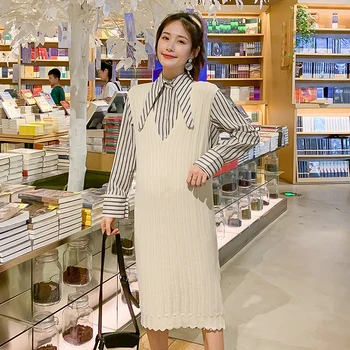 

126# Knitted Vest Dress + Striped Blouses Suits Maternity Clothing Sweet Elegant Clothes for Pregnant Women Autumn Pregnancy Set