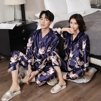 

Print Bridal Wedding Gift Kimono Bathrobe Gown Lovers Pajamas Suit Couples 2PCS Sleep Set Shirt&Pants Silky Casual Nightwear