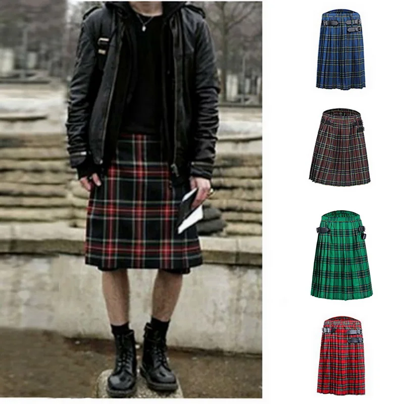WENYUJH, коричневый, готический, панк, шотландский стиль, килт, костюм, карман, мужские юбки, модный пояс, решетка, плетеная юбка, двусторонний карман, юбки с цепью