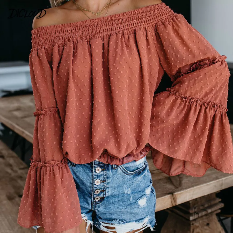 

Fashion Off Shoulder Blouse Women Loose Backless Slash Neck Flare Sleeve Tops Ladies Autumn Elegant Sexy Slim White Top Female