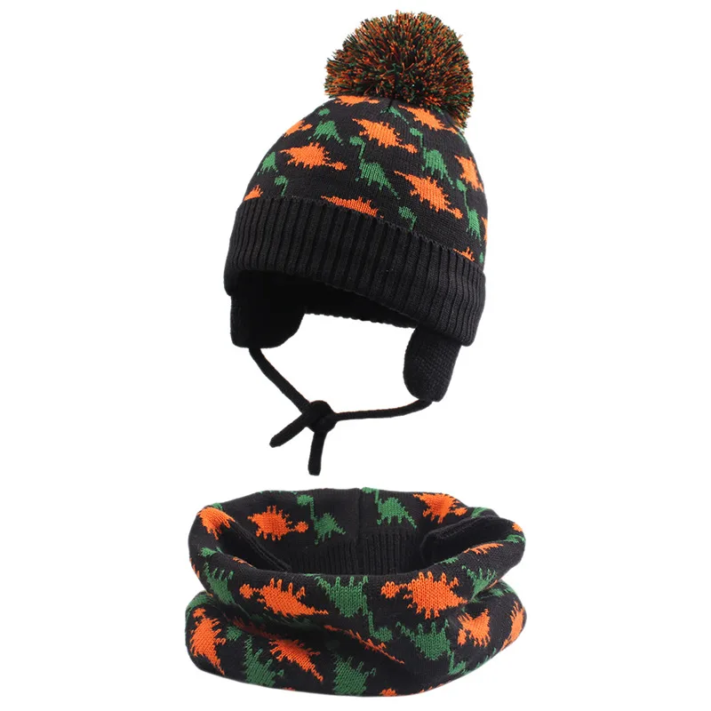 Ceny Dinozaur Baby Beanie szalik zestaw kapeluszy maluch chłopiec dziewczyna czapka zimowa czapka gruba podszewka ciepła czapka z apaszką elastyczna