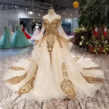 

Arabic Glitter Strapless Wedding Dresses Long Sleeve Ball Gowns Girls Elegant 2019 New Gold Lace Sequins Ruffles Bridal Gowns