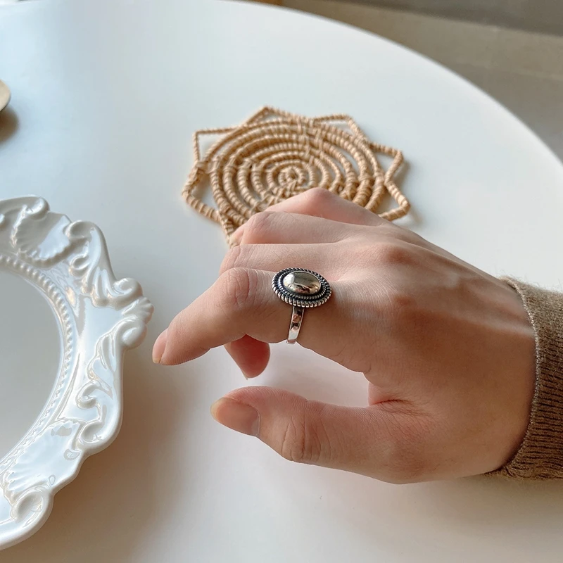 Гладкое полушарное большое кольцо 925 пробы Серебряное Ювелирное кольцо с двойной пеньковой веревкой регулируемое античное серебряное женское роскошное кольцо
