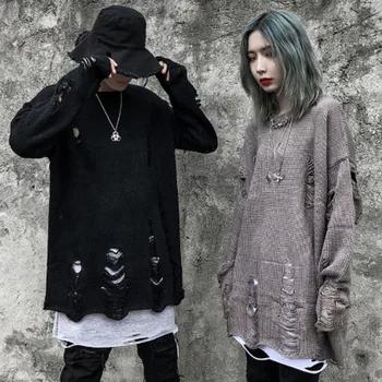 

Autumn winter men ripped hole oversized punk vintage women couple harajuku hip hop knitted destroyed pull homme