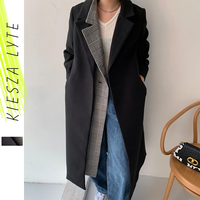 

Winter Cashmere Long Coat Jackets Women Warm Black Patchwork False Two Piece Plaid Sashes Woolen Overcoats Office Lady Outerwear