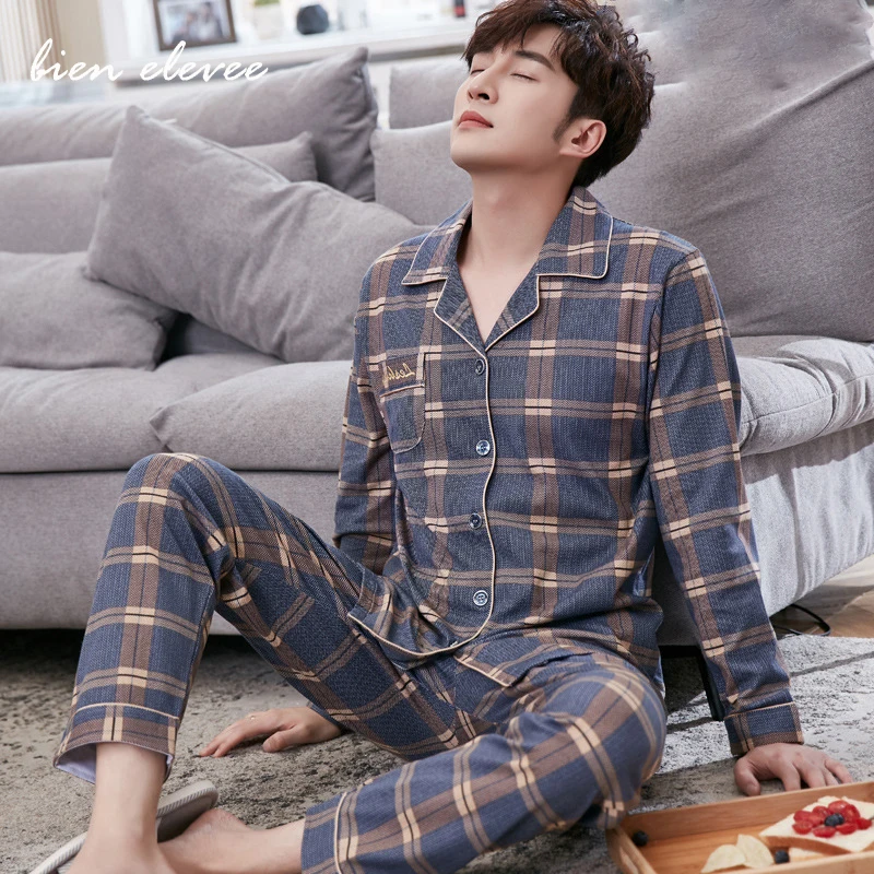 

Mens Pajama Sets Cotton Home Suit Modern Style Man Sleepwear 2 Pieces Lounge Sleeping Wear Tops + Pants Plaid Long Sleeve PJ Set