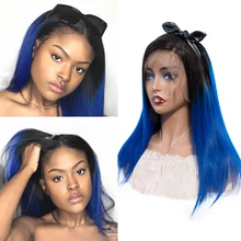 SEXAY синий эффектом деграде(переход от темного к парики из натуральных волос с Африканской структурой, малазийские прямые Волосы remy парик шнурка темно-голубой цвет 13x4 Синтетические волосы на кружеве парики из натуральных волос для Для женщин