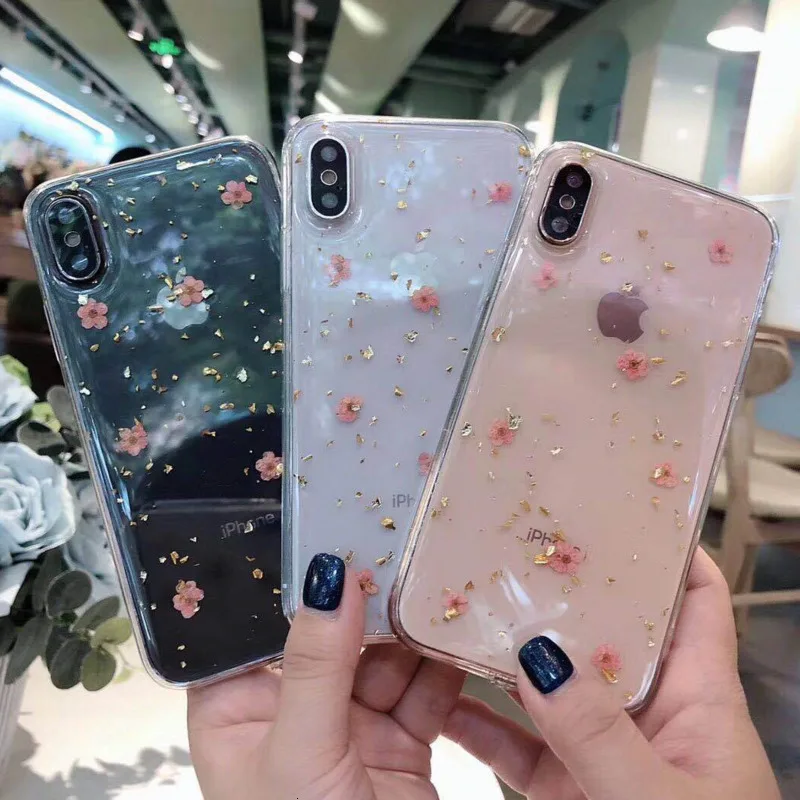 Золотая фольга эпоксидный настоящий цветок чехол для телефона iPhone X XS XR XSMax 8 7 6 6S