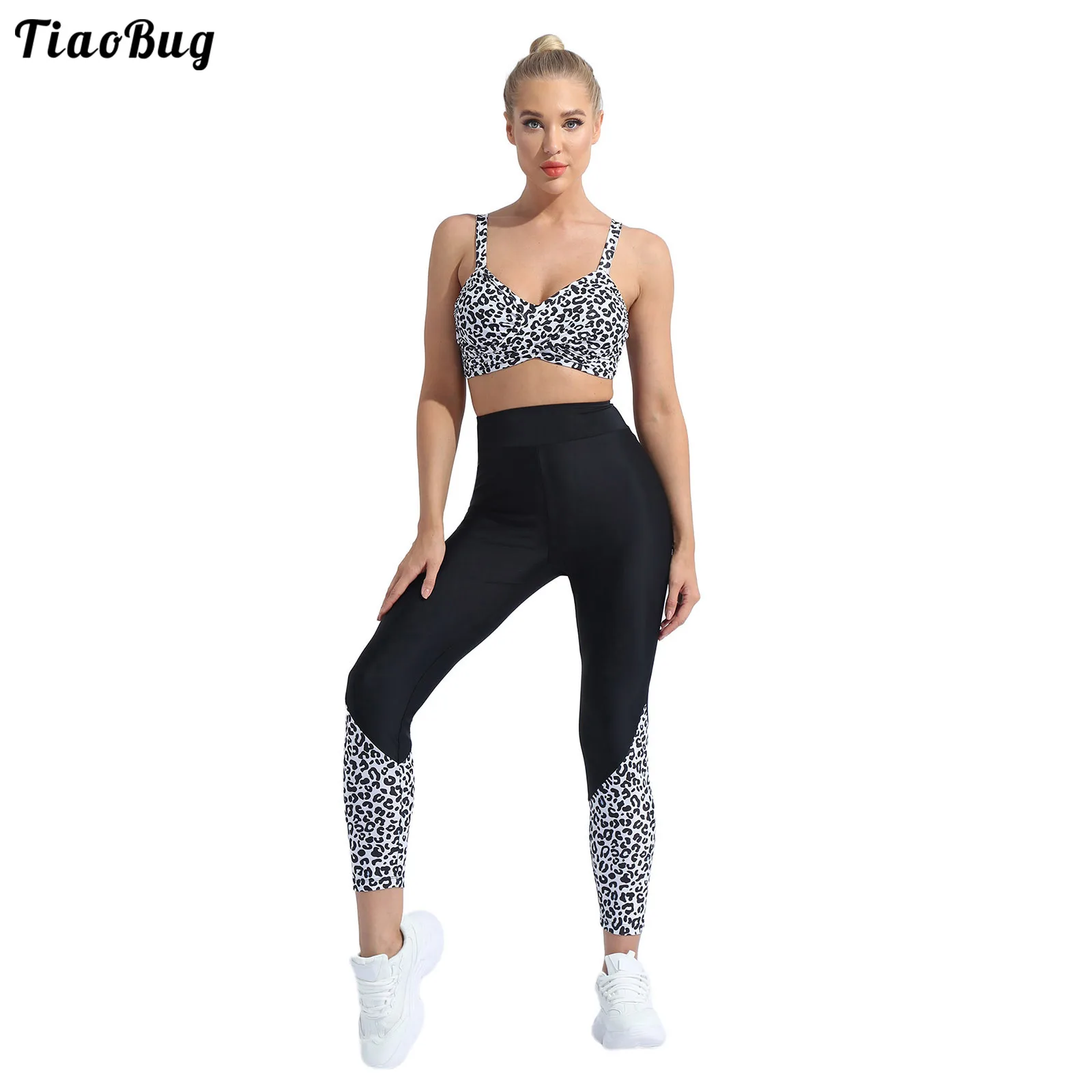 

TiaoBug Summer Women Clothing Yoga Suit Sleeveless Knotted V-Neck Printed Padded Top With Elastic Waistband Leggings Sport Sets