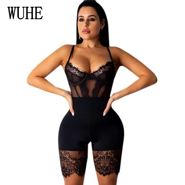 US $13.27 WUHE Lace Patchwork Sexy Spaghetti Strap Jumpsuits Women Off Shoulder Sleeveless Elegant Bodycon Ba