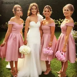 Румяные розовые короткие платья подружки невесты 2019 с открытыми плечами длиной до колена Простые Свадебные платья для гостей недорогие