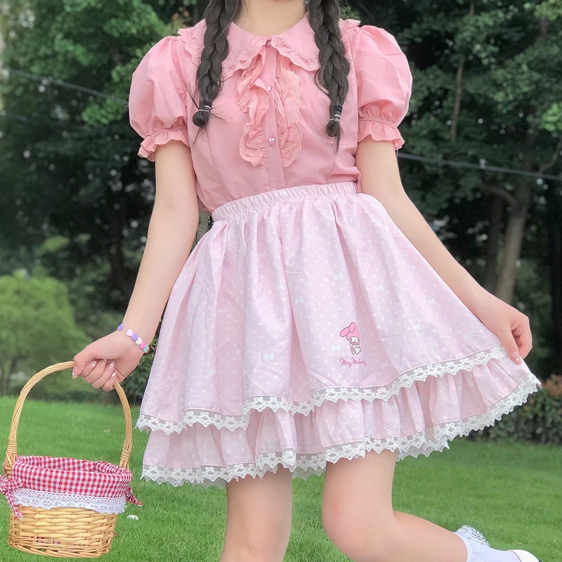 Sweet Girly Women Lolita Shirts Summer Fairy Peter Pan Collar Detachable Sleeve Blouse White Pink Black Ruffle Children'S Tops