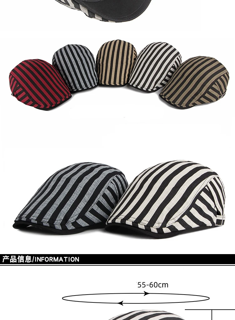 Red Black Striped Mens Berets 100% Cotton British Style Vintage Flat Caps for Men Spring Summer Artist Adjustable Hat Chapeau mens army beret