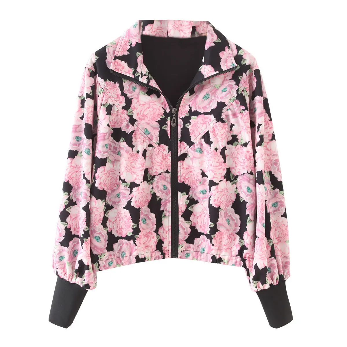 

Western Style WOMEN'S Dress 2019 Spring And Autumn New Style Fold-down Collar Pink Flower Printed Jacket Women's