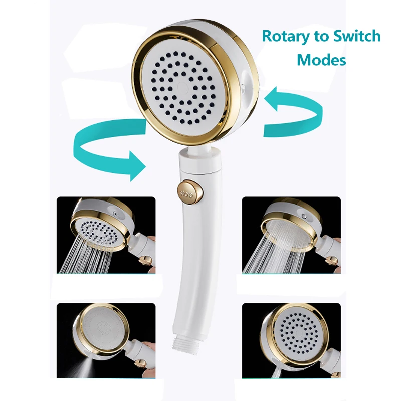 

ZhangJi 4 modes Rotating Adjustable with stop button shower head high pressure water saving silicone holes spray nozzle shower