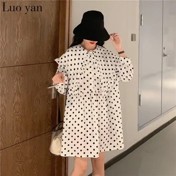 

XL-5XL Plus Size Summer Black Dot Straight Mini Sundress 2020 Elegant Women Doll Collar Loose Dresses Party Long Sleeve Vestidos
