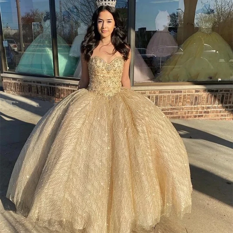 

Блестящие золотистые кружевные пышные платья 2021 бальное платье принцессы милое расшитые блестками и бисером праздвечерние чное милое 15 без рукавов с открытой спиной
