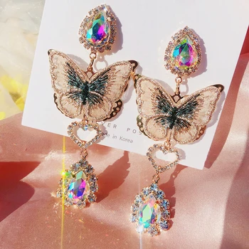 

MENGJIQIAO Fashion Korean Lace Butterfly Waterdrop Crystal Drop Earrings For Women Girls Elegant Luxury Party Pendientes Jewelry